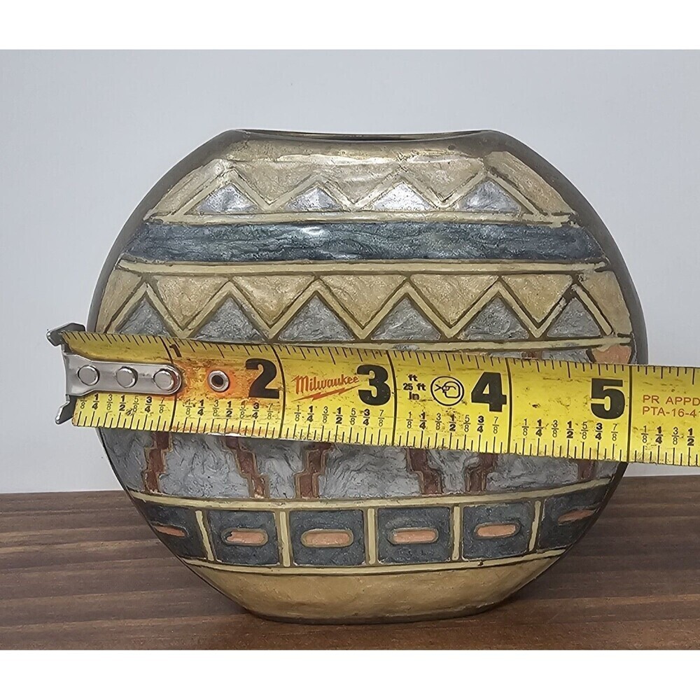 Vintage Small Geometric Enameled Painted Multicolor Brass Vase India 5"x5" - Picture 9 of 10